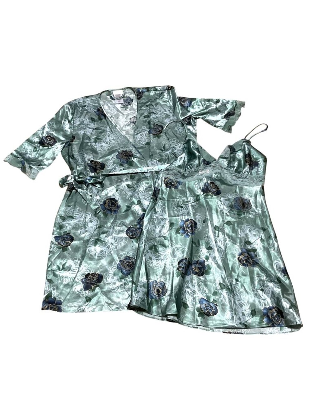 Secret Treasures Green Satin Style Floral Robe & Nightgown Set Size M Womens